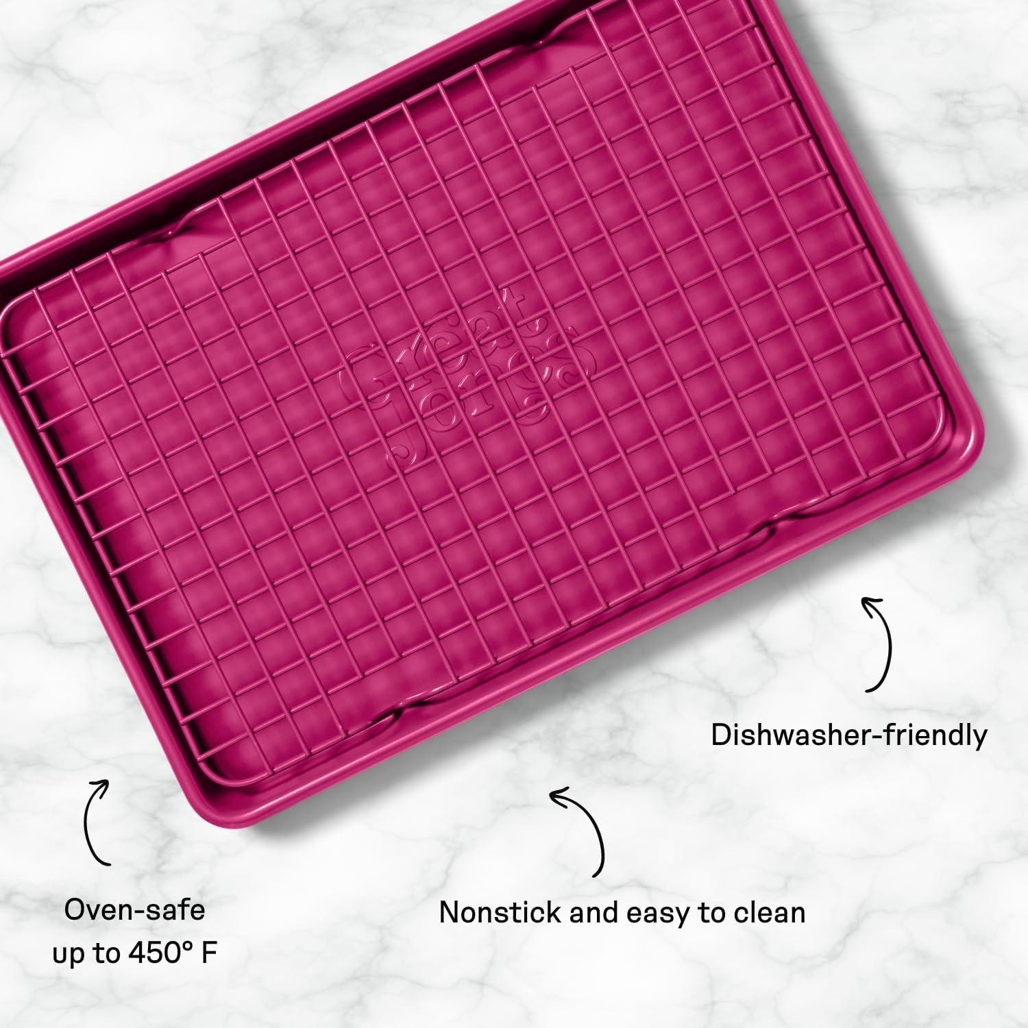 imageGreat Jones Little Sheet Pan ampamp Little Chill Rack Set Raspberry 135 x 95 HeavyDuty Nonstick Pan ampamp Cooling Rack Baking Tray ampamp Wire Rack for Cooking Baking Roasting Oven ampamp Dishwasher Safe