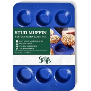 Great Jones Stud Muffin (Raspberry) | Nonstick 12-Cup Muffin Pan | Dual-Layer Nonstick Coating | Chemical-Free & Nontoxic | Oven-Safe to 450°F | Warp-Resistant & Easy Cleanup(Blueberry)